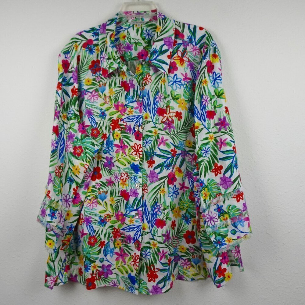 John Mark Linen Tunic Top Women's Plus Size 3X Multicolor Floral Pockets